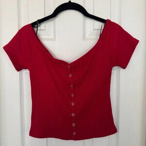 EUC Forever 21 Blouse Short Sleeve V Neck Ribbed Tee, Faux Buttons, Red, L